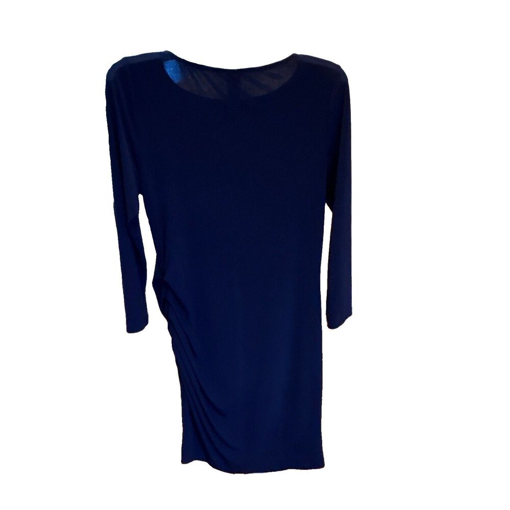 Womens Blue Solid Ruched Midi Sheath Dress Stretch Round Neck 3/4 Sleeve M - Picture 2 of 7